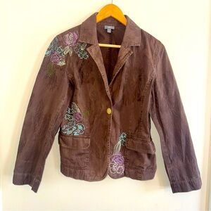 J Jill Brown Canvas Embroidered One Button Jacket Floral Purple Blue Small